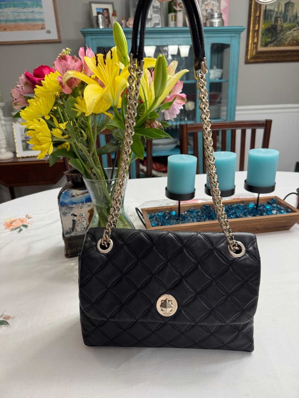 kate spade Black Quilted Natalia Flap Shoulder Bag with Gold Chain Handles